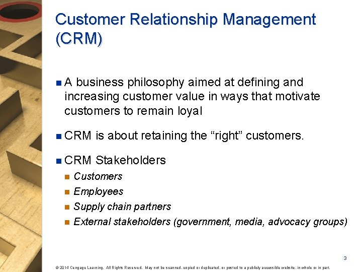 Customer Relationship Management (CRM) n. A business philosophy aimed at defining and increasing customer