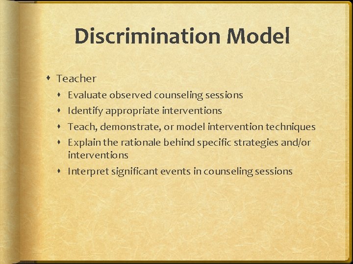 Discrimination Model Teacher Evaluate observed counseling sessions Identify appropriate interventions Teach, demonstrate, or model