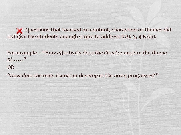 Questions that focused on content, characters or themes did not give the students enough