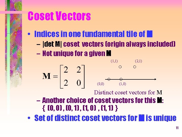 Coset Vectors • Indices in one fundamental tile of M – |det M| coset