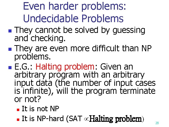 Even harder problems: Undecidable Problems They cannot be solved by guessing and checking. n