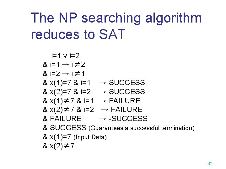 The NP searching algorithm reduces to SAT i=1 v i=2 & i=1 → i≠