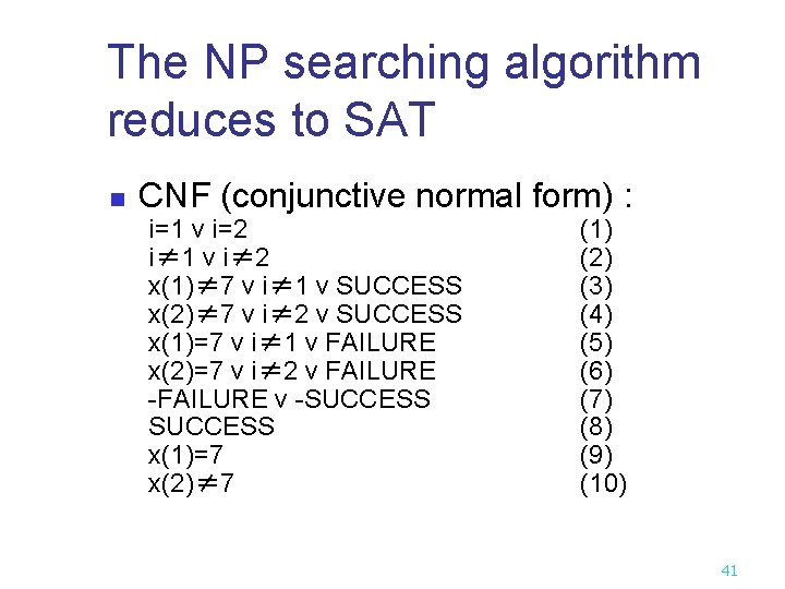 The NP searching algorithm reduces to SAT n CNF (conjunctive normal form) : i=1