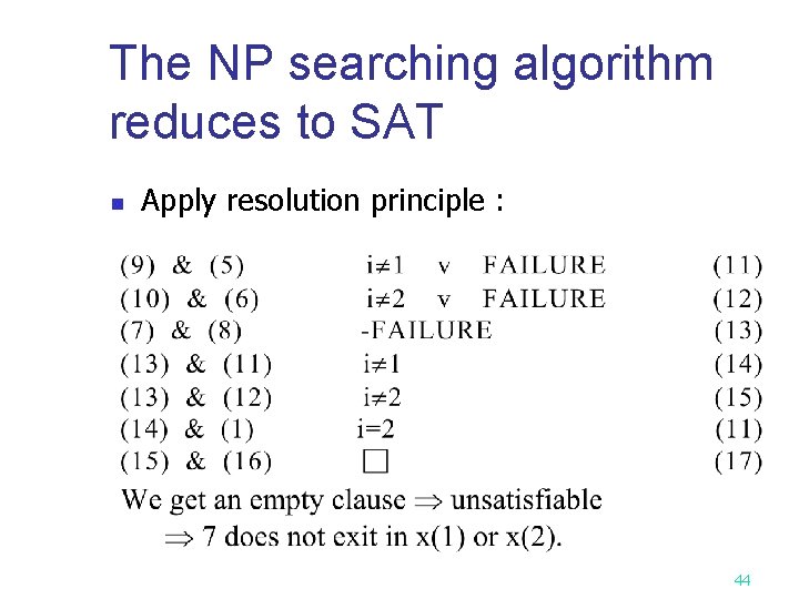 The NP searching algorithm reduces to SAT n Apply resolution principle : 44 