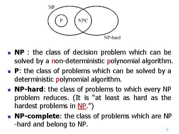 n n NP : the class of decision problem which can be solved by