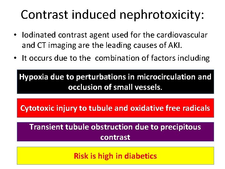 Contrast induced nephrotoxicity: • Iodinated contrast agent used for the cardiovascular and CT imaging