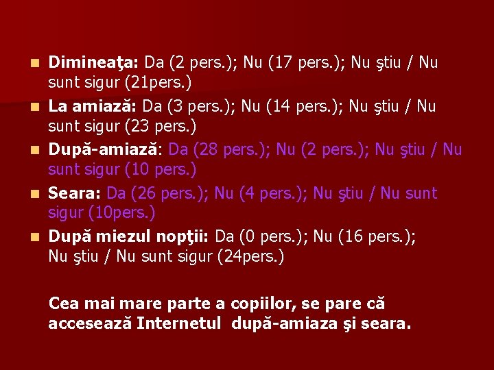 n n n Dimineaţa: Da (2 pers. ); Nu (17 pers. ); Nu ştiu