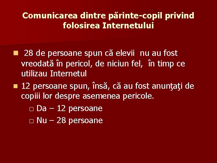 Comunicarea dintre părinte-copil privind folosirea Internetului n 28 de persoane spun că elevii nu