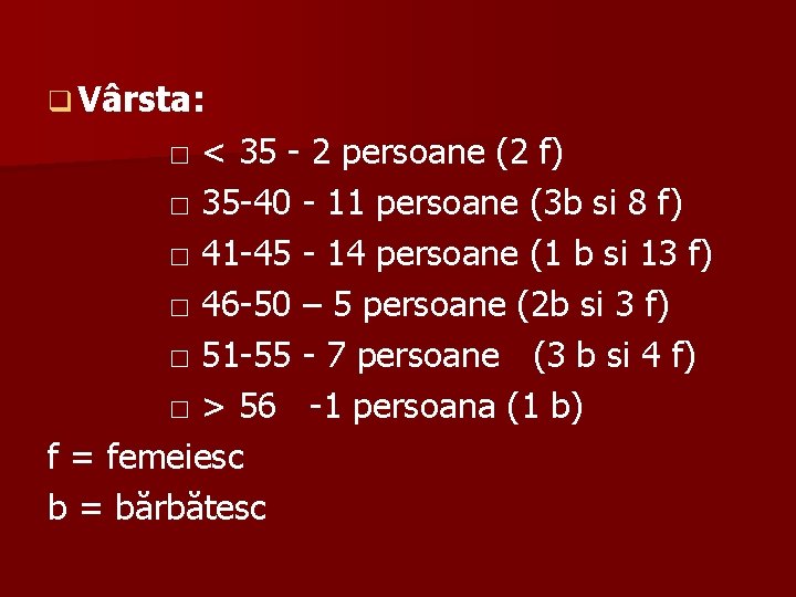 q Vârsta: □ < 35 - 2 persoane (2 f) □ 35 -40 -