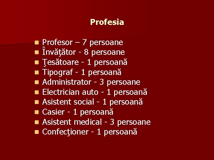 Profesia n n n n n Profesor – 7 persoane Învăţător - 8 persoane