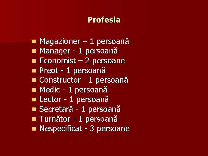 Profesia n n n n n Magazioner – 1 persoană Manager - 1 persoană