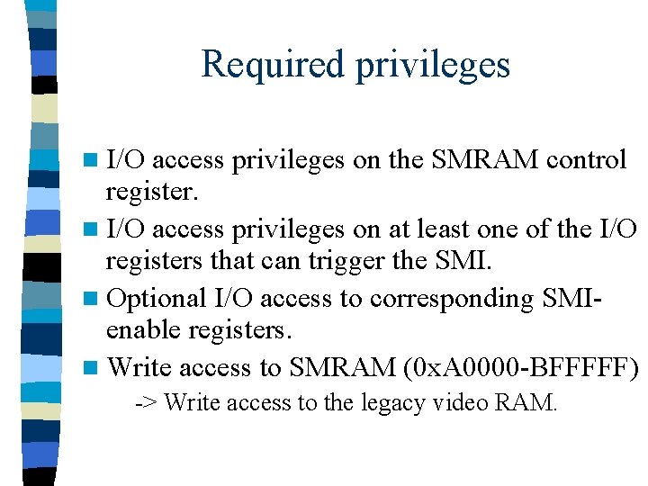 Required privileges n I/O access privileges on the SMRAM control register. n I/O access