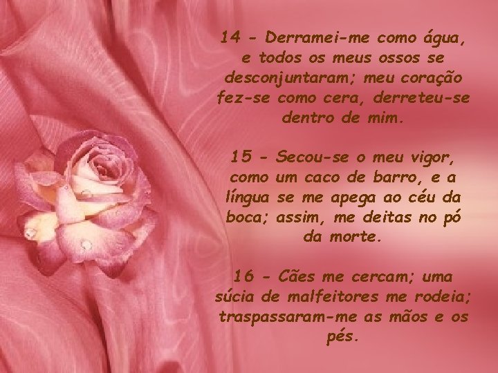 14 - Derramei-me como água, e todos os meus ossos se desconjuntaram; meu coração