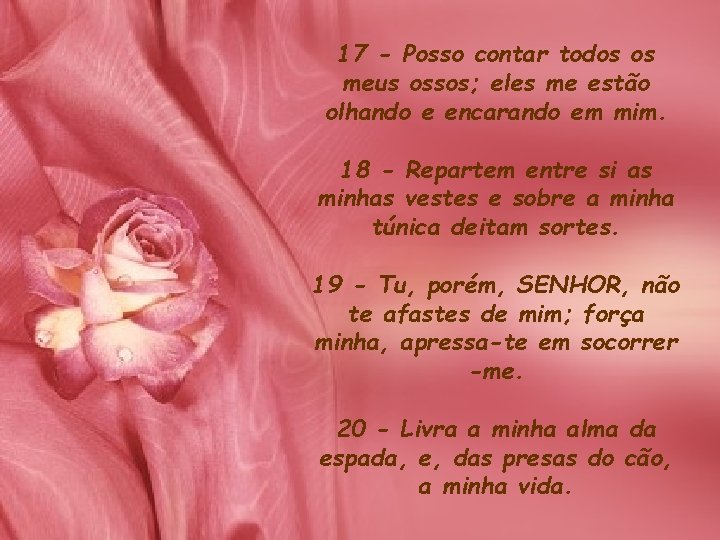 17 - Posso contar todos os meus ossos; eles me estão olhando e encarando