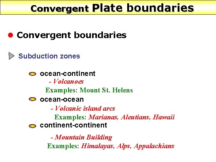 Convergent Plate boundaries l Convergent boundaries Subduction zones ocean-continent - Volcanoes Examples: Mount St.