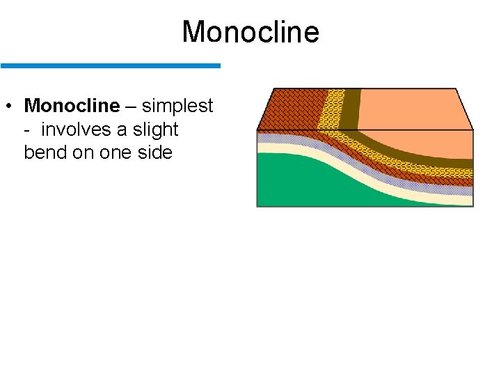 Monocline • Monocline – simplest - involves a slight bend on one side 