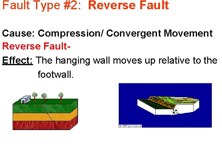 Fault Type #2: Reverse Fault Cause: Compression/ Convergent Movement Reverse Fault- Effect: The hanging