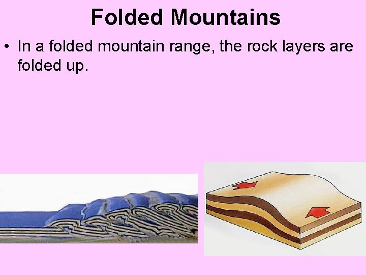 Folded Mountains • In a folded mountain range, the rock layers are folded up.