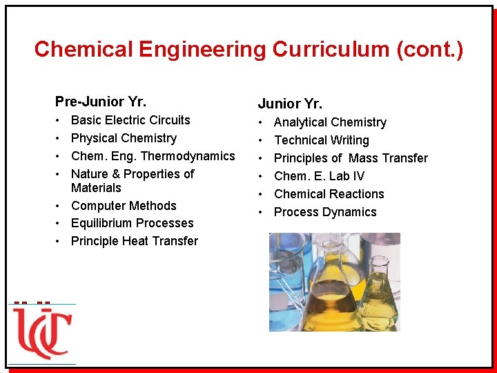 Chemical Engineering Curriculum (cont. ) Pre-Junior Yr. • • • Basic Electric Circuits Physical