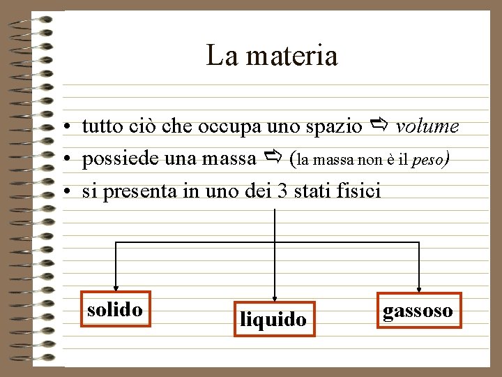 La materia • tutto ciò che occupa uno spazio volume • possiede una massa