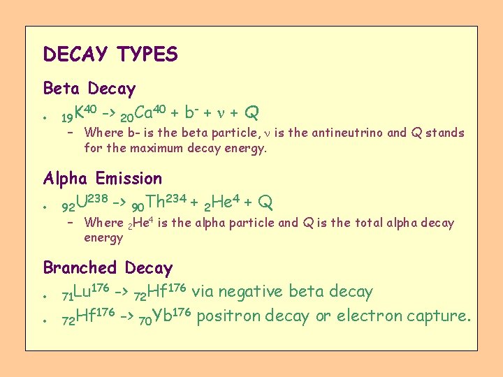 DECAY TYPES Beta Decay 40 -> 40 + b- + + Q 20 Ca