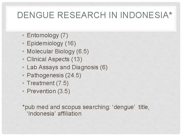 DENGUE RESEARCH IN INDONESIA* • • Entomology (7) Epidemiology (16) Molecular Biology (6. 5)