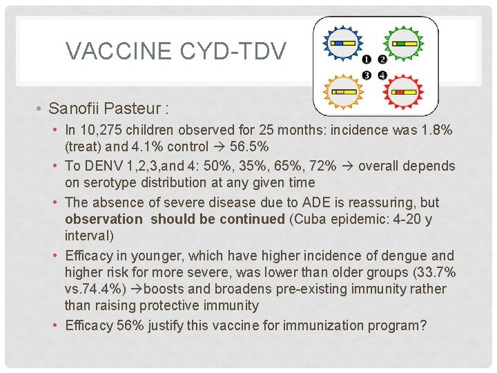 VACCINE CYD-TDV • Sanofii Pasteur : • In 10, 275 children observed for 25