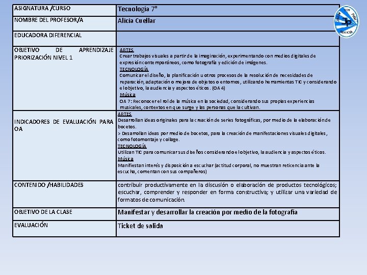 ASIGNATURA /CURSO Tecnología 7° NOMBRE DEL PROFESOR/A Alicia Cuellar EDUCADORA DIFERENCIAL OBJETIVO DE PRIORIZACIÓN