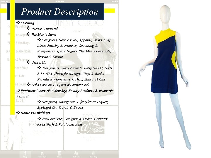 Product Description v. Clothing v. Women’s apparel v. The Men’s Store v. Designers, New
