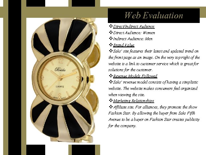 Web Evaluation v. Direct/Indirect Audience v. Direct Audience: Women v. Indirect Audience: Men v.