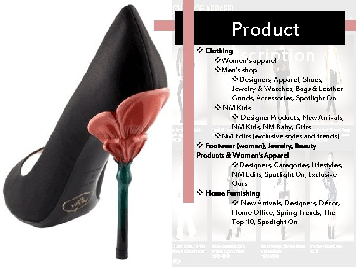 Product Description v Clothing v. Women’s apparel v. Men’s shop v. Designers, Apparel, Shoes,