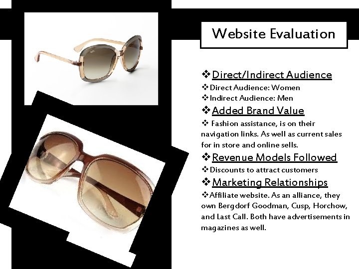 Website Evaluation v. Direct/Indirect Audience v. Direct Audience: Women v. Indirect Audience: Men v.