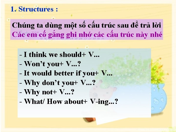 1. Structures : Chúng ta dùng một số cấu trúc sau để trả lời