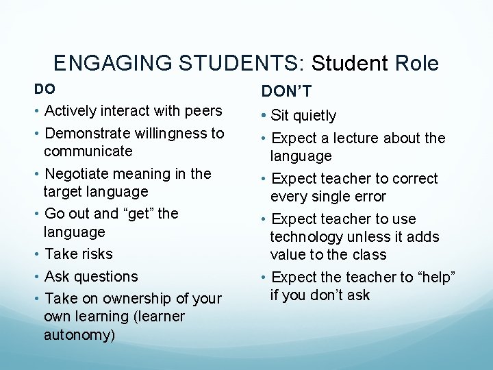 ENGAGING STUDENTS: Student Role DO • Actively interact with peers • Demonstrate willingness to