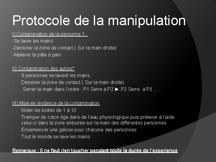 Protocole de la manipulation I) Contamination de la personne 1 : -Se laver les