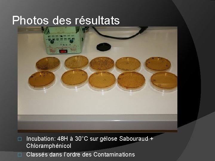 Photos des résultats Incubation: 48 H à 30°C sur gélose Sabouraud + Chloramphénicol �