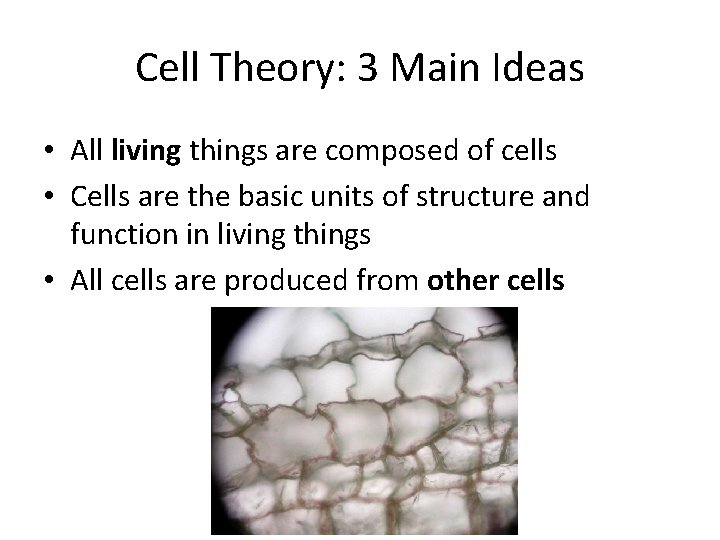 Cell Theory: 3 Main Ideas • All living things are composed of cells •