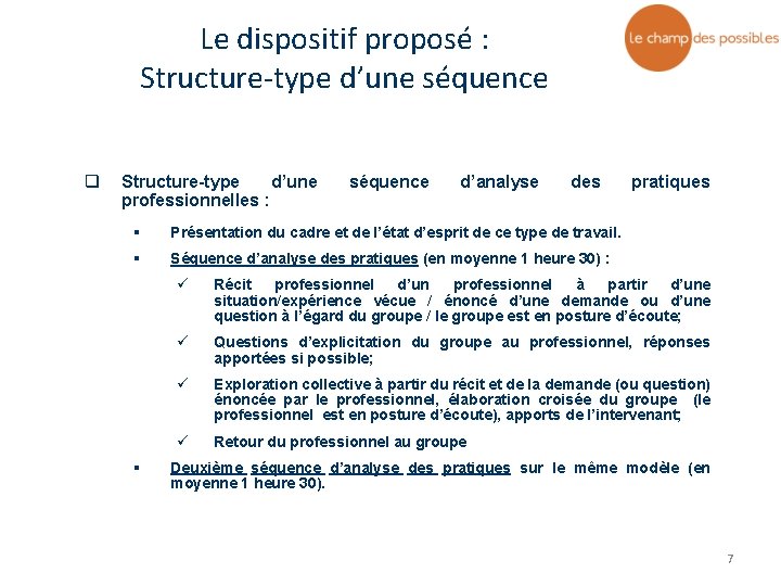 Le dispositif proposé : Structure-type d’une séquence q Structure-type d’une professionnelles : séquence d’analyse