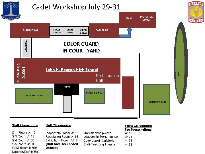 Cadet Workshop July 29 -31 GYM A BUILDING SWEET SNACKS SNOW CONES CHIPS/ SODAS