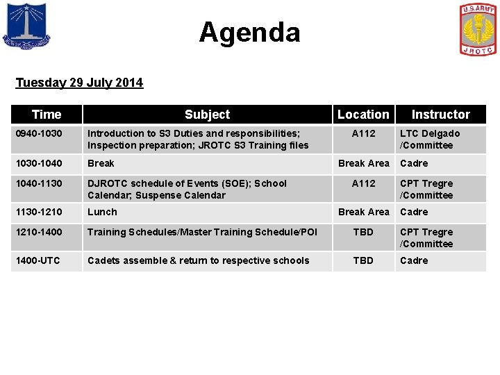 Agenda Tuesday 29 July 2014 Time Subject Location A 112 Instructor 0940 -1030 Introduction