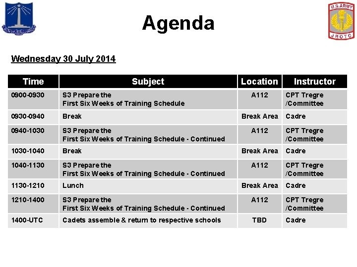 Agenda Wednesday 30 July 2014 Time Subject Location A 112 Instructor 0900 -0930 S