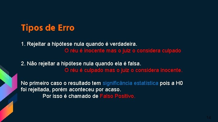 Tipos de Erro 1. Rejeitar a hipótese nula quando é verdadeira. O réu é