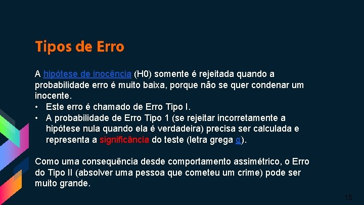 Tipos de Erro A hipótese de inocência (H 0) somente é rejeitada quando a