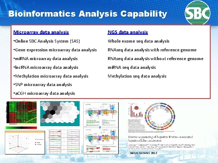 Bioinformatics Analysis Capability Microarray data analysis NGS data analysis • Online SBC Analysis System