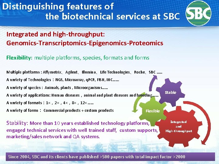 Distinguishing features of the biotechnical services at SBC Integrated and high-throughput: Genomics-Transcriptomics-Epigenomics-Proteomics Flexibility: multiple