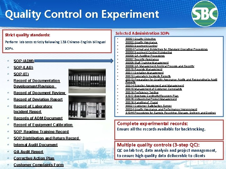 Quality Control on Experiment Strict quality standards: Perform lab tests strictly following 128 Chinese-English