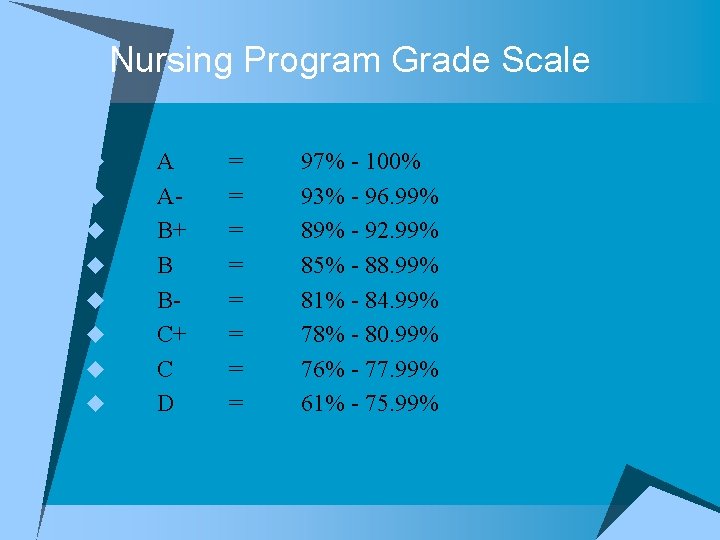 Nursing Program Grade Scale u u u u A AB+ B BC+ C D