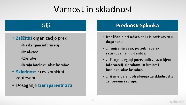 Varnost in skladnost Cilji Prednosti Splunka • Zaščititi organizacijo pred êRazkritjem informacij êMalware êZlorabe