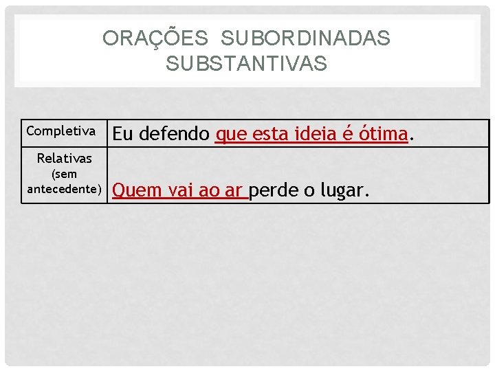 ORAÇÕES SUBORDINADAS SUBSTANTIVAS Completiva Eu defendo que esta ideia é ótima. Relativas (sem antecedente)