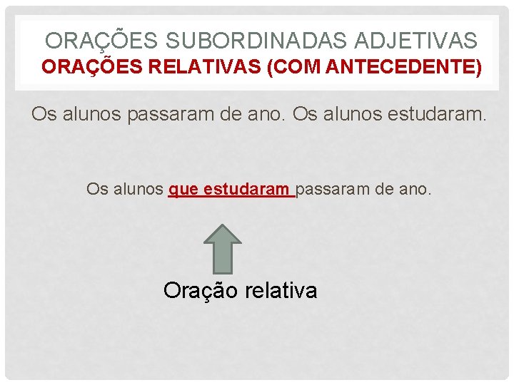 ORAÇÕES SUBORDINADAS ADJETIVAS ORAÇÕES RELATIVAS (COM ANTECEDENTE) Os alunos passaram de ano. Os alunos